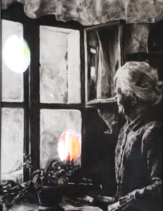 Fabiola Di Fulvio, Ohne Titel, 2023, Kohlezeichnung auf Papier, video (copy right) einer Animation (aus ca. 110 Ölbilder), Alurahmen ohne Glas 150 x 115 cm