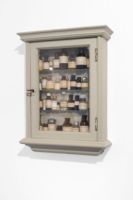 Peter Wüthrich, Pharmacie litèraire, Flacons, Buchseitenetiketten und div. Inhalte in Vitrine, 58 x 45 x 12 cm, geöffnet 58 x 75 x 12 cm